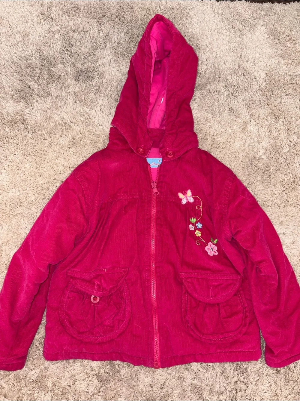Girls' Hot Pink Hooded Corduroy Jacket with Floral Embroidery